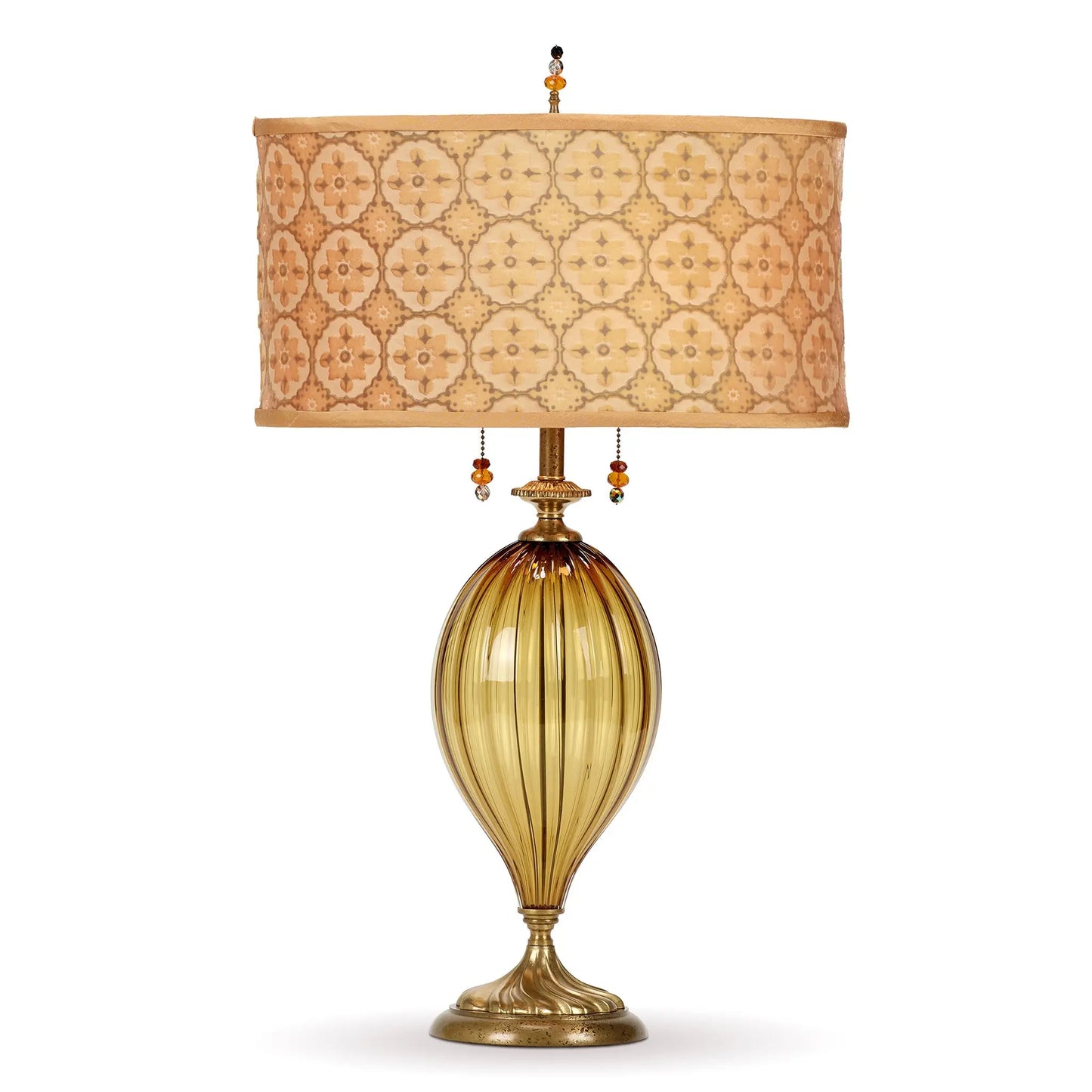Kinzig Design Jessie Table Lamp 233AF166 Colors Amber Blown Glass Base Kevin O'Brien Silk Velvet Gold and Beige Shade Artistic Artisan Designer Table Lamps