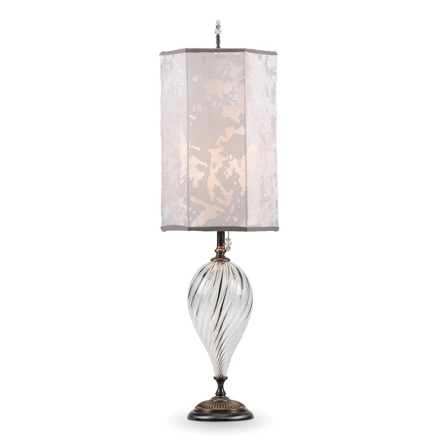 Kinzig Design Julianna Table Lamp 178 Ar 154 Colors Clear Silver Blown Glass Base with Hexagonal Silver Gray Patterned Fabric Shade Artistic Artisan Designer Table Lamps