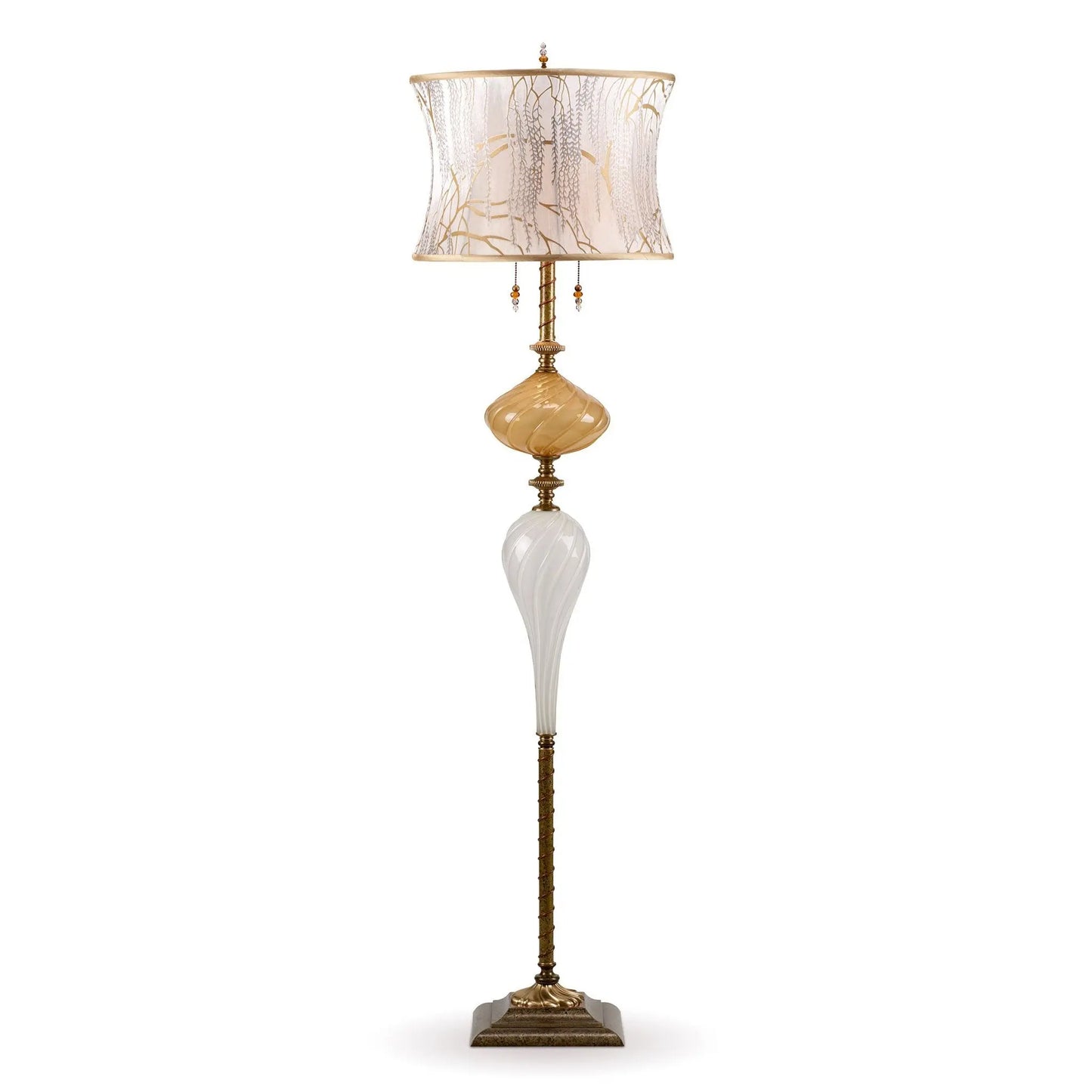 Kinzig Design Katz Floor Lamp F 185 I 133 Colors Gold and White Blown Glass Base with White on White Silk Shade Artistic Artisan Designer Floor Lamps