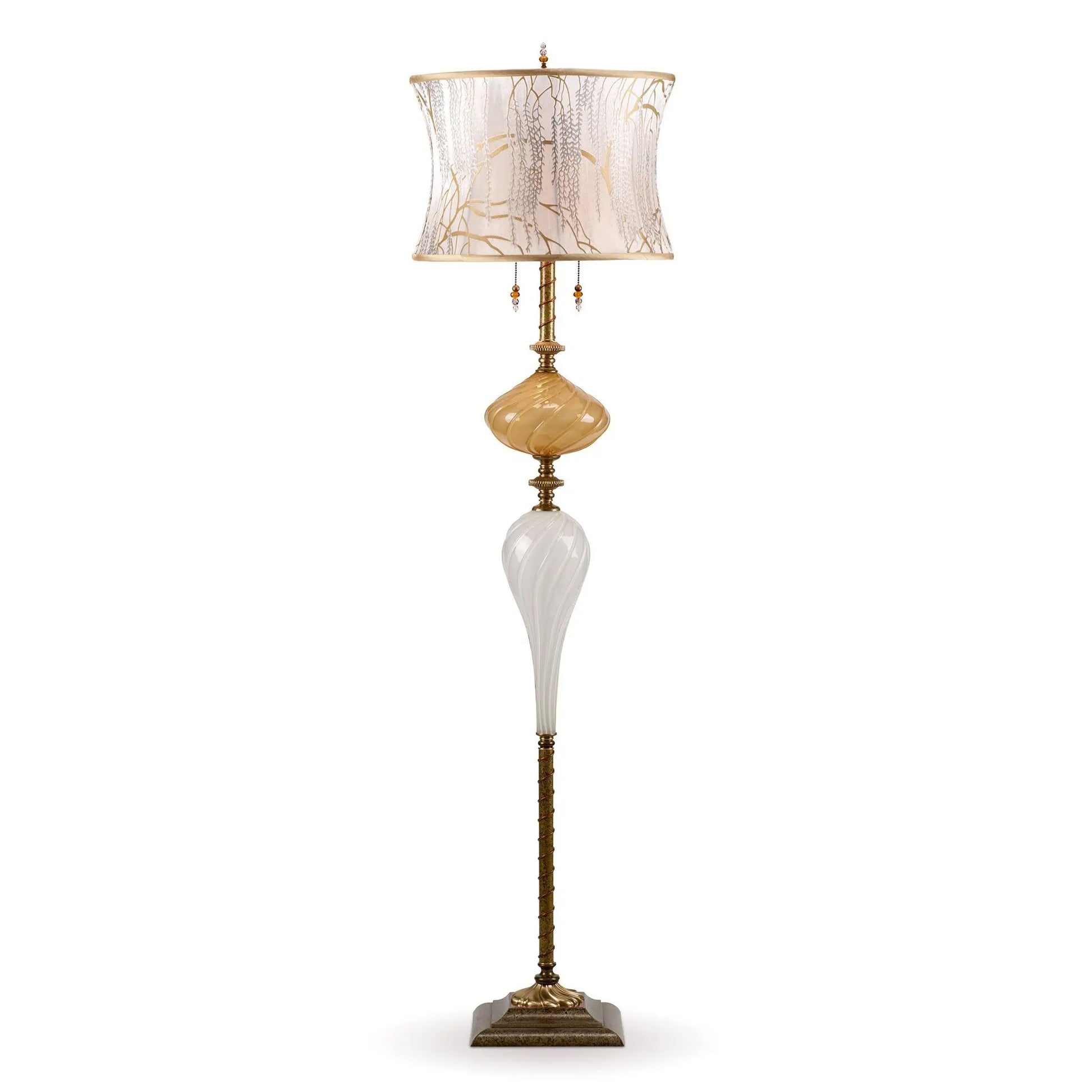 Kinzig Design Katz Floor Lamp F 185 I 133 Colors Gold and White Blown Glass Base with White on White Silk Shade Artistic Artisan Designer Floor Lamps