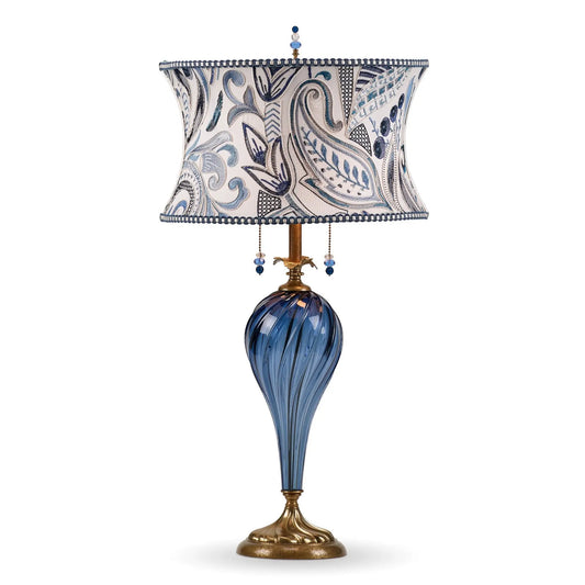 Kinzig Design Madison Table Lamp 171 K 149 Colors Blue Blown Glass Base with Blue and White Embroidered Shade Artisan Designer Table Lamps
