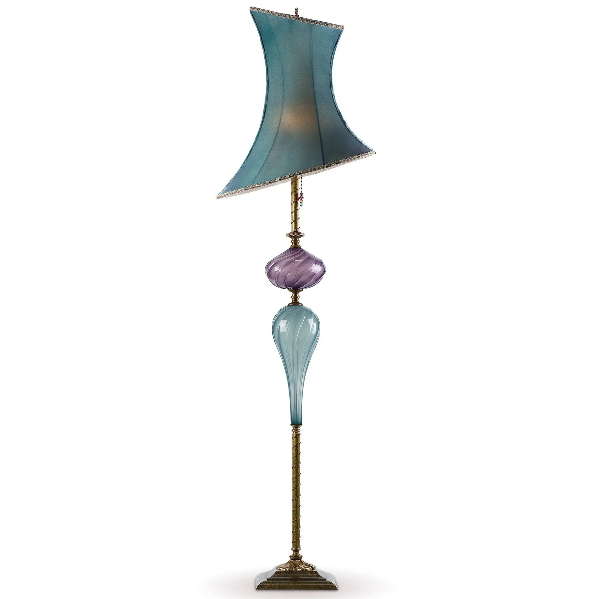 Kinzig Design Henry Floor Lamp F165 AH 142 Turquoise and Amethyst Blown Glass Base with Turquoise Velvet Shade Artistic Artisan Designer Floor Lamps