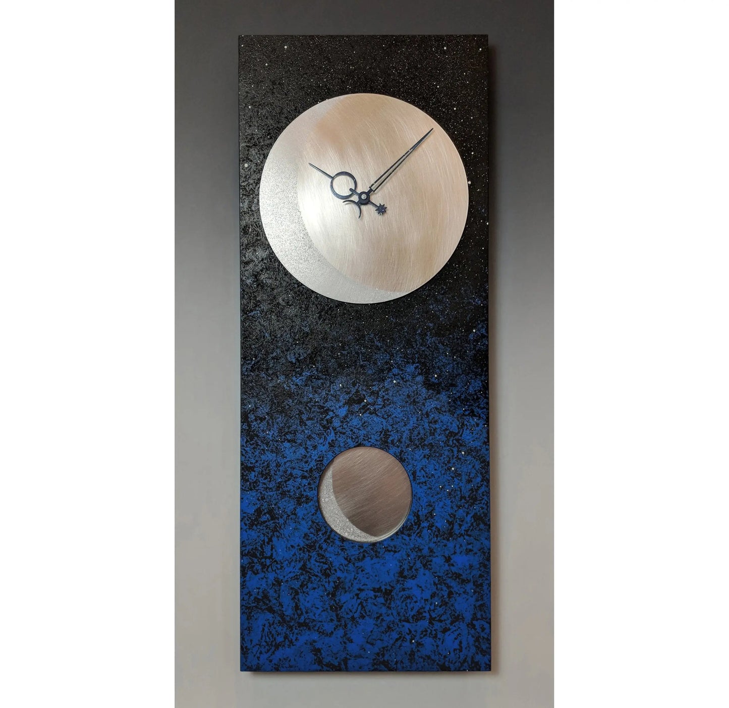 Leonie Lacouette Moon At Night Pendulum Wall Clock 30 in Hand Painted Wood and Textured Stainless Steel Artistic Artisan Designer Wall Clocks