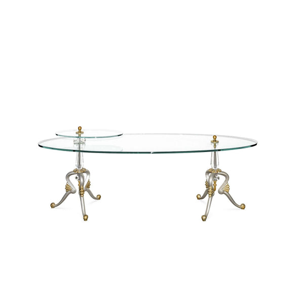 Luna Bella Dijon Oval Coffee Table with Cast Iron Legs in Champagne Finish Solid Brass Details and Oval Glass Top Artistic Artisan Designer Coffee Tables