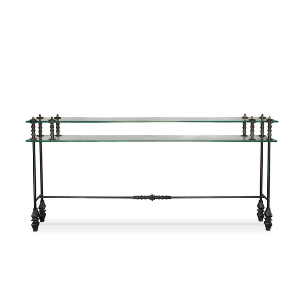 Luna Bella Ernst Console Table Hand Forged Steel with Iron Details Two Glass Shelves Artistic Artisan Designer Console Tables