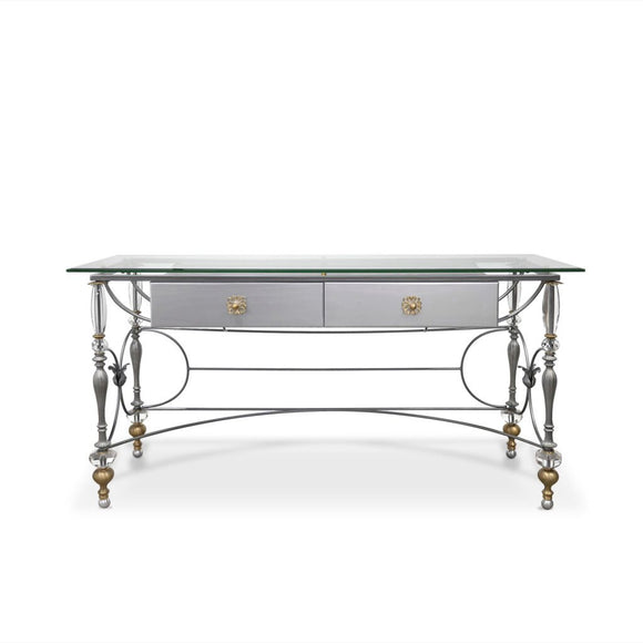Luna Bella Paloma Vanity Table in Wood and Metal with Italian Brass and Cut Crystal Inserts with Beveled Glass Top Artistic Artisan Designer Vanity Tables