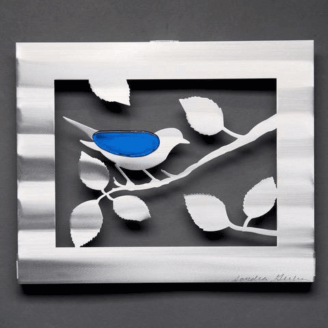 Bird with Leaves in Red or Blue Wall Art Hand Painted Brushed Aluminum Wall Sculptures Metal Petal Art