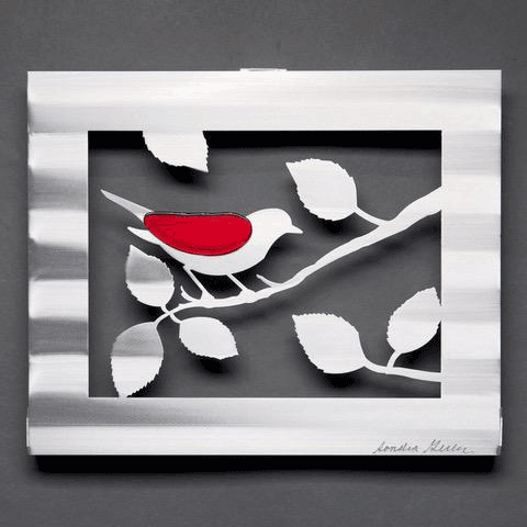 Bird with Leaves in Red or Blue Wall Art Hand Painted Brushed Aluminum Wall Sculptures Metal Petal Art