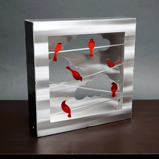 Metal Petal by Sondra Gerber Birds on A Wire in Red or Blue Box Table Art Artisan Crafted Hand Painted Brushed Aluminum Table Sculpture Artisan Crafted Hand Painted Brushed Aluminum Table Sculptures
