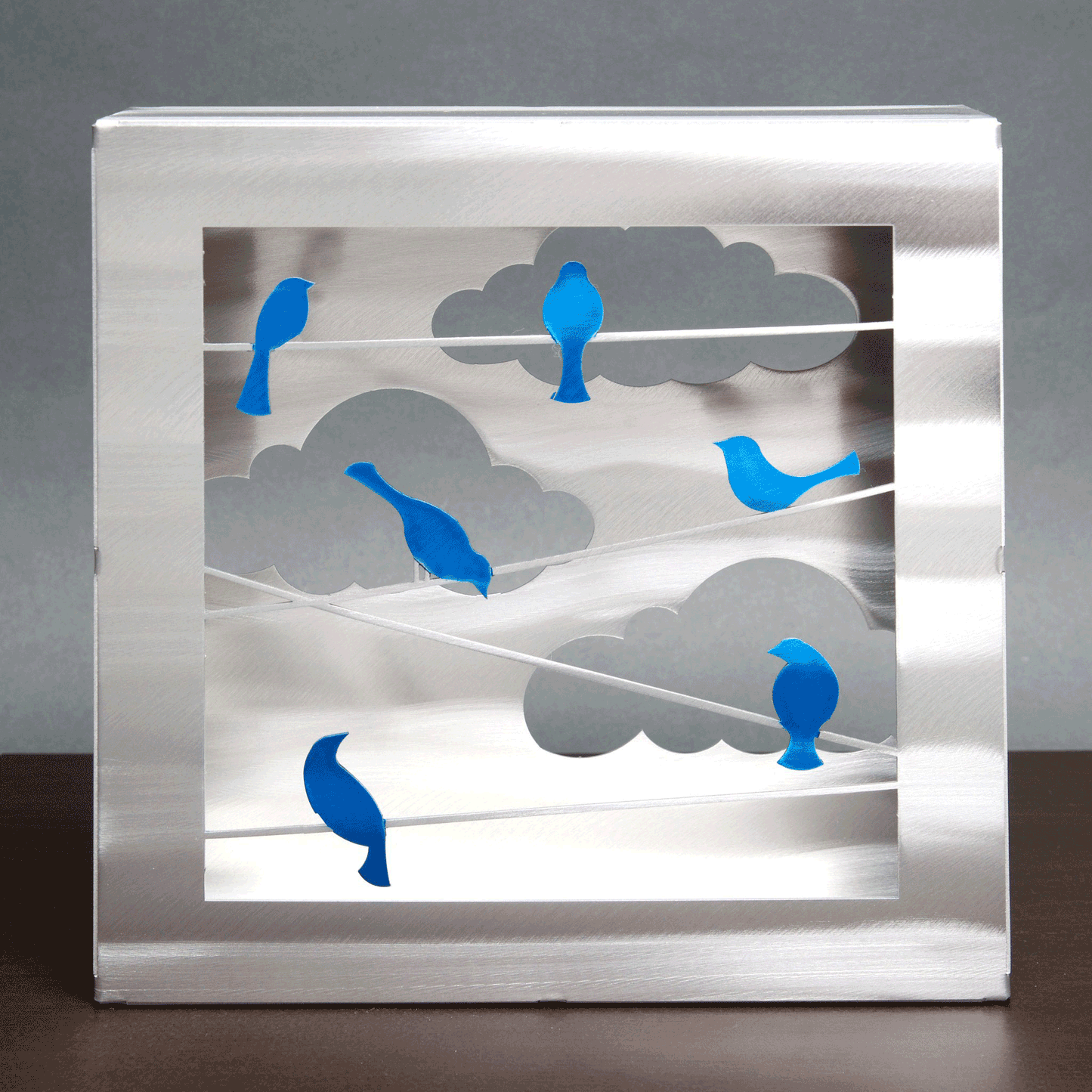 Metal Petal by Sondra Gerber Birds on A Wire in Red or Blue Box Table Art Artisan Crafted Hand Painted Brushed Aluminum Table Sculpture Artisan Crafted Hand Painted Brushed Aluminum Table Sculptures