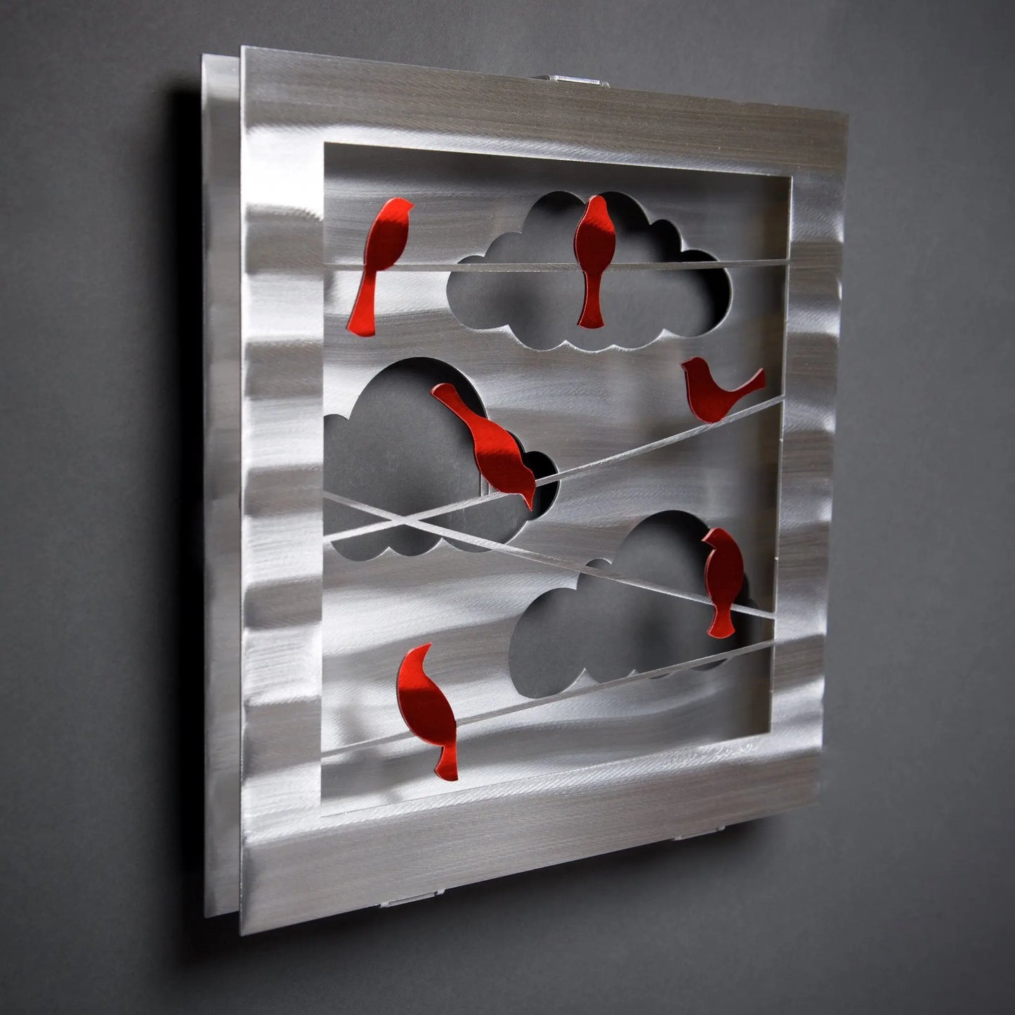 Birds on a Wire in Red or Blue Wall Art Hand Painted Brushed Aluminum Wall Sculptures, Metal Petal Art by Sondra Gerber Metal Petal Art
