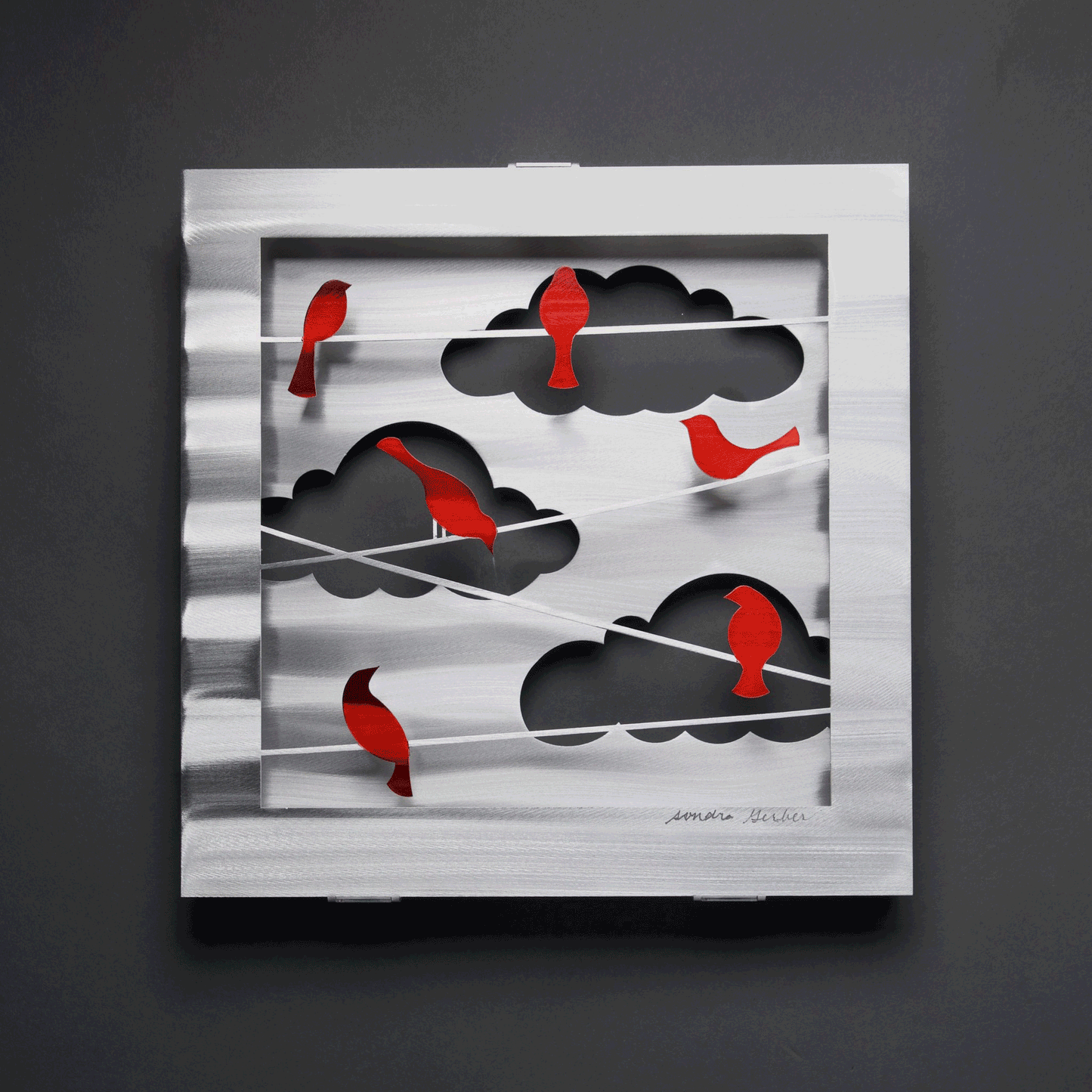 Birds on a Wire in Red or Blue Wall Art Hand Painted Brushed Aluminum Wall Sculptures Metal Petal Art