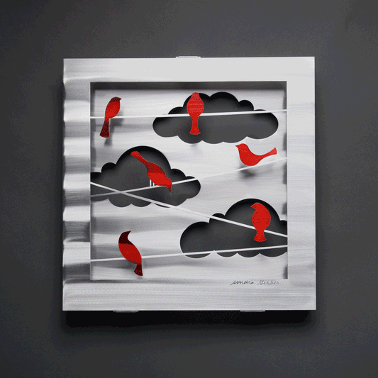 Birds on a Wire in Red or Blue Wall Art Hand Painted Brushed Aluminum Wall Sculptures Metal Petal Art