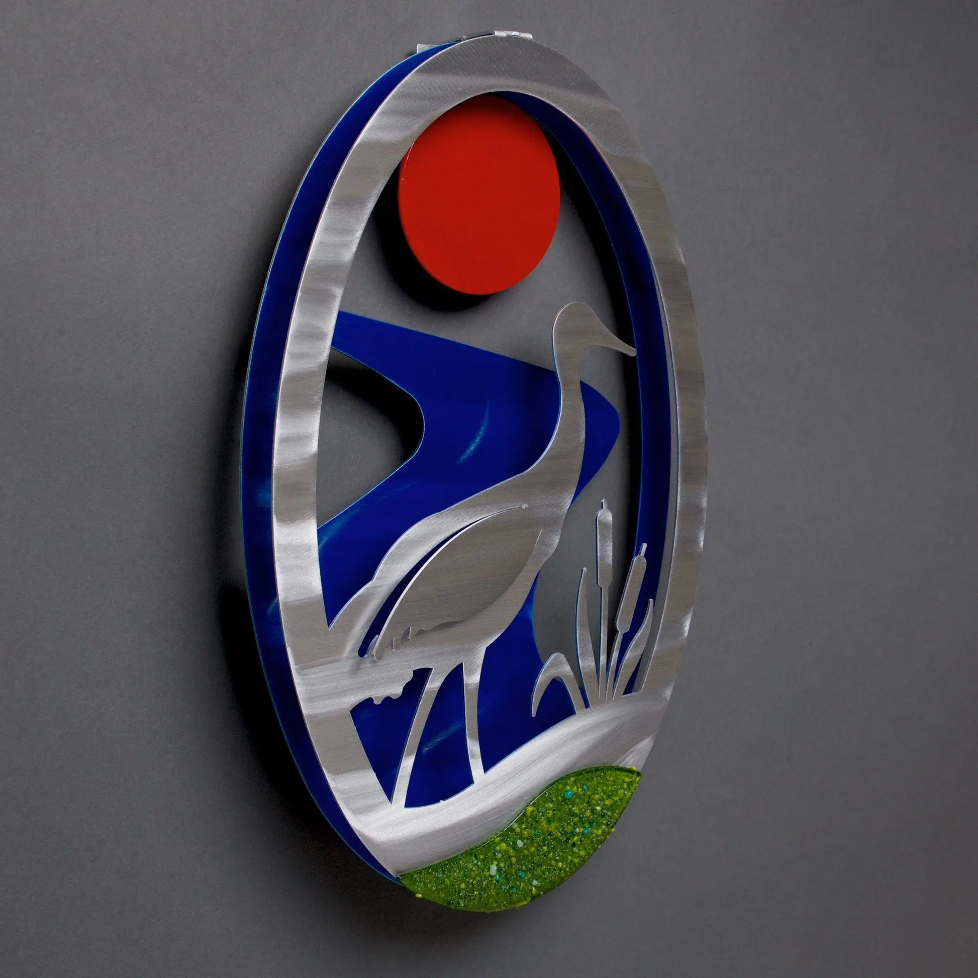 Metal Petal by Sondra Gerber Sandhill Crane Oval Wall Art Artisan Crafted Hand Painted Brushed Aluminum Wall Sculptures