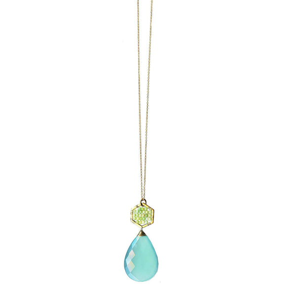Michelle Pressler Jewelry Hexagon Necklace 4911 A with Lemon Chrysoprase and Aquamarine Artistic Artisan Designer Jewelry