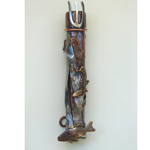Sherri Cohen Design Mezuzah with School of Fish With Sterling Silver, Copper, And Brass, Artistic Artisan Designer Judaica