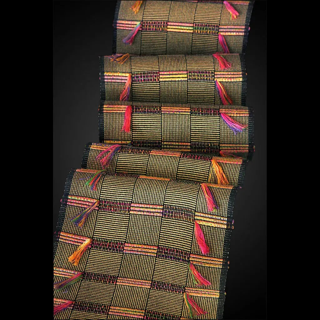 Africa Scarf in Fig and Mardi Gras by Sosumi Weaving Pamela Whitlock Handwoven Bamboo Scarves