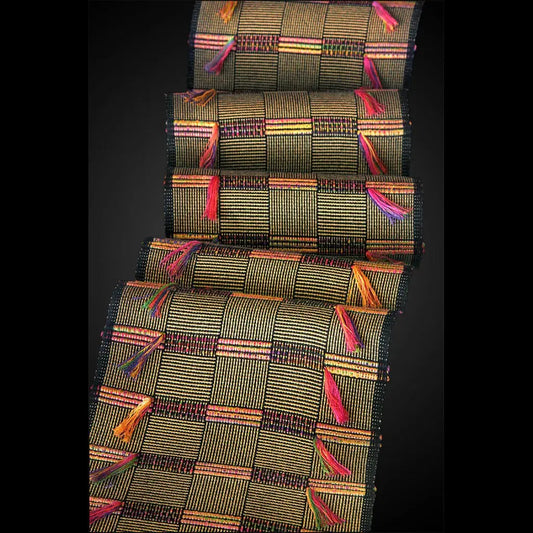 Africa Scarf in Fig and Mardi Gras by Sosumi Weaving Pamela Whitlock Handwoven Bamboo Scarves