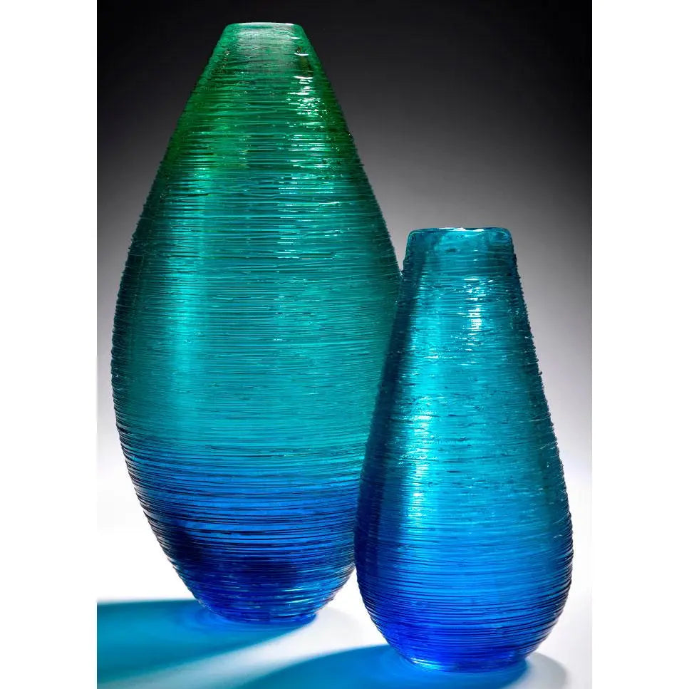 The Furnace Glassworks Shimmer Cocoon And Hive Vases Shown In Blue Functional Artisan Handblown Art Glass Vases