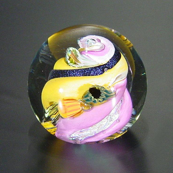 The Glass Forge Undersea Paperweight Shown In Topaz And Purple Artistic Functional Artisan Handblown Art Glass Paperweights