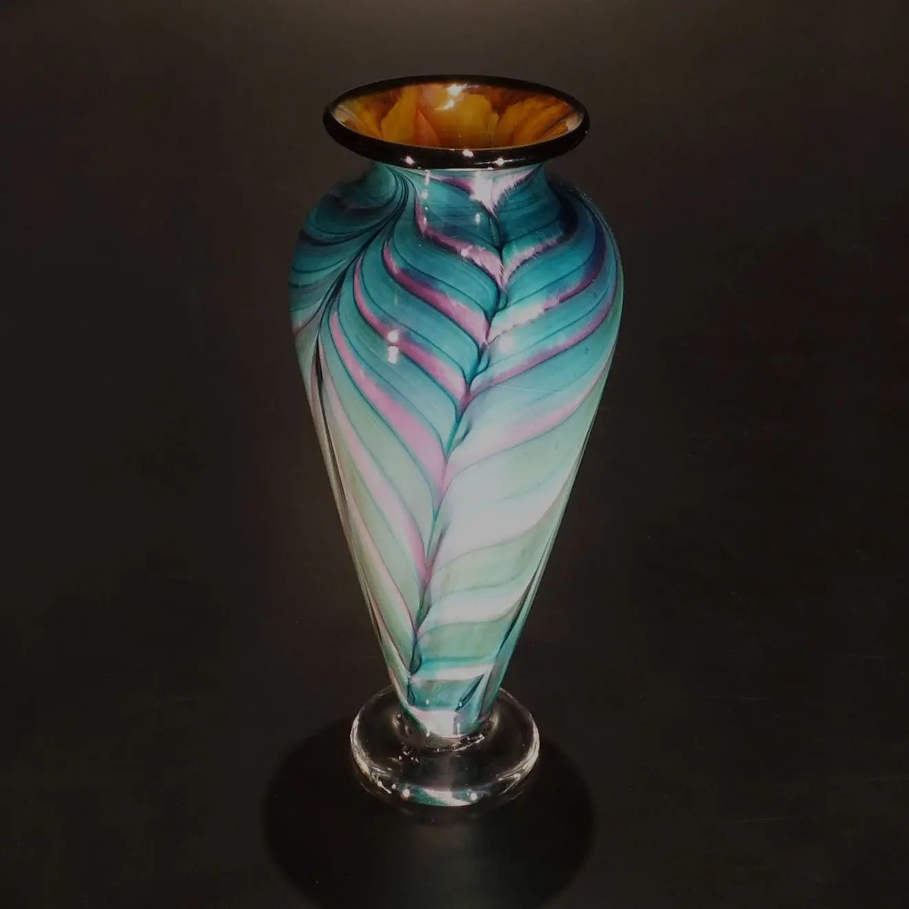 The Glass Forge Vase Shown In Salmon Purple Lagoon Feather Artistic Functional Artisan Handblown Art Glass Vases