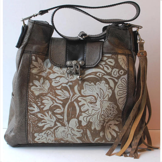 London Tote Handbag in Lily Print and Smoky Mountain Color by Urban Gypsy Design, Christina Hankins, Artistic Designer Handbags