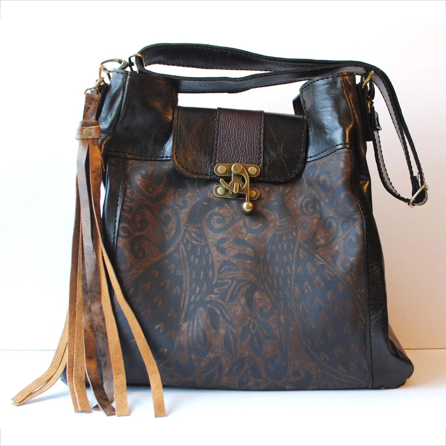 Uptown Messenger Handbag in Peony Print and Appalation Trail Color by Urban Gypsy Design, Christina Hankins, Artistic Designer Handbags