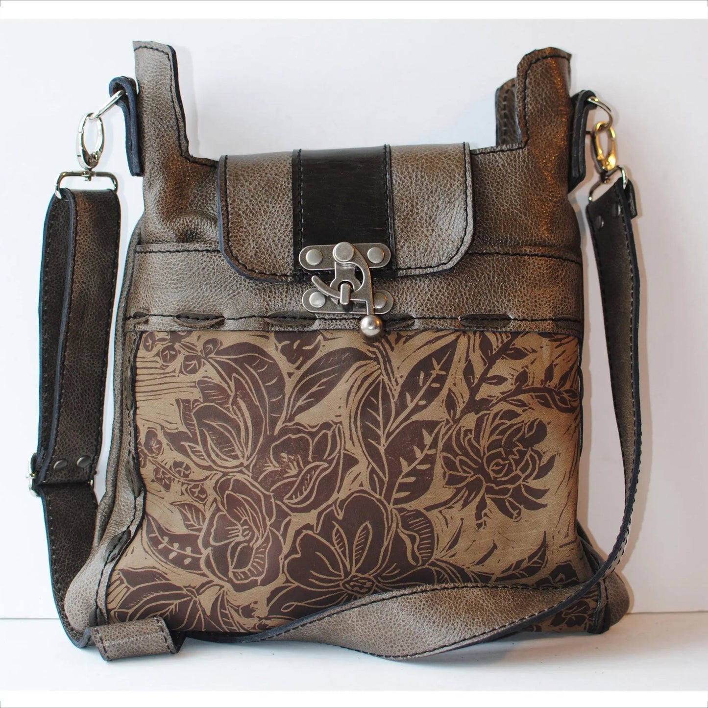 Madrid Crossbody Handbag in Peony Print and Smoky Mountain Color by Urban Gypsy Design, Christina Hankins, Artistic Designer Handbags
