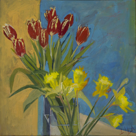 Lila Bacon Floral Painting on Canvas Tulips and Turquoise c-lb203