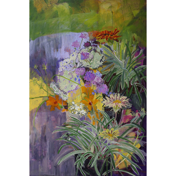 Lila Bacon Floral Painting on Canvas Tanzania Marigolds and Queen Annes Lace