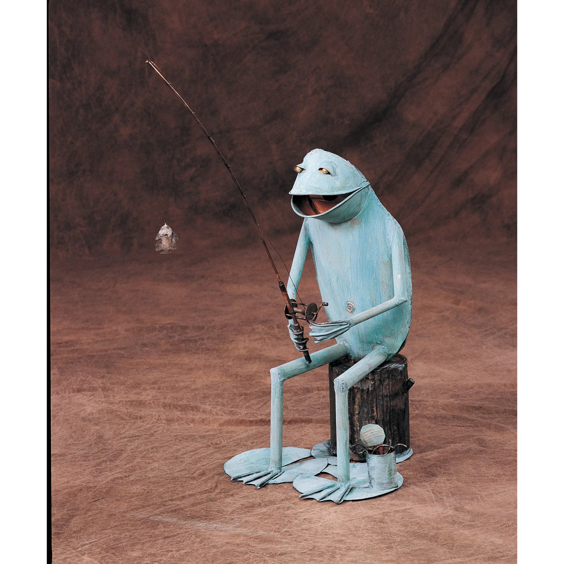 Andy Brinkley Copper Verdigris Frog Sitting on a Stump with a Fishing Pole Outdoor Sculpture 418  15" x 15" x 25"H Artistic Artisan Crafted Copper Verdigris Outdoor Sculptures