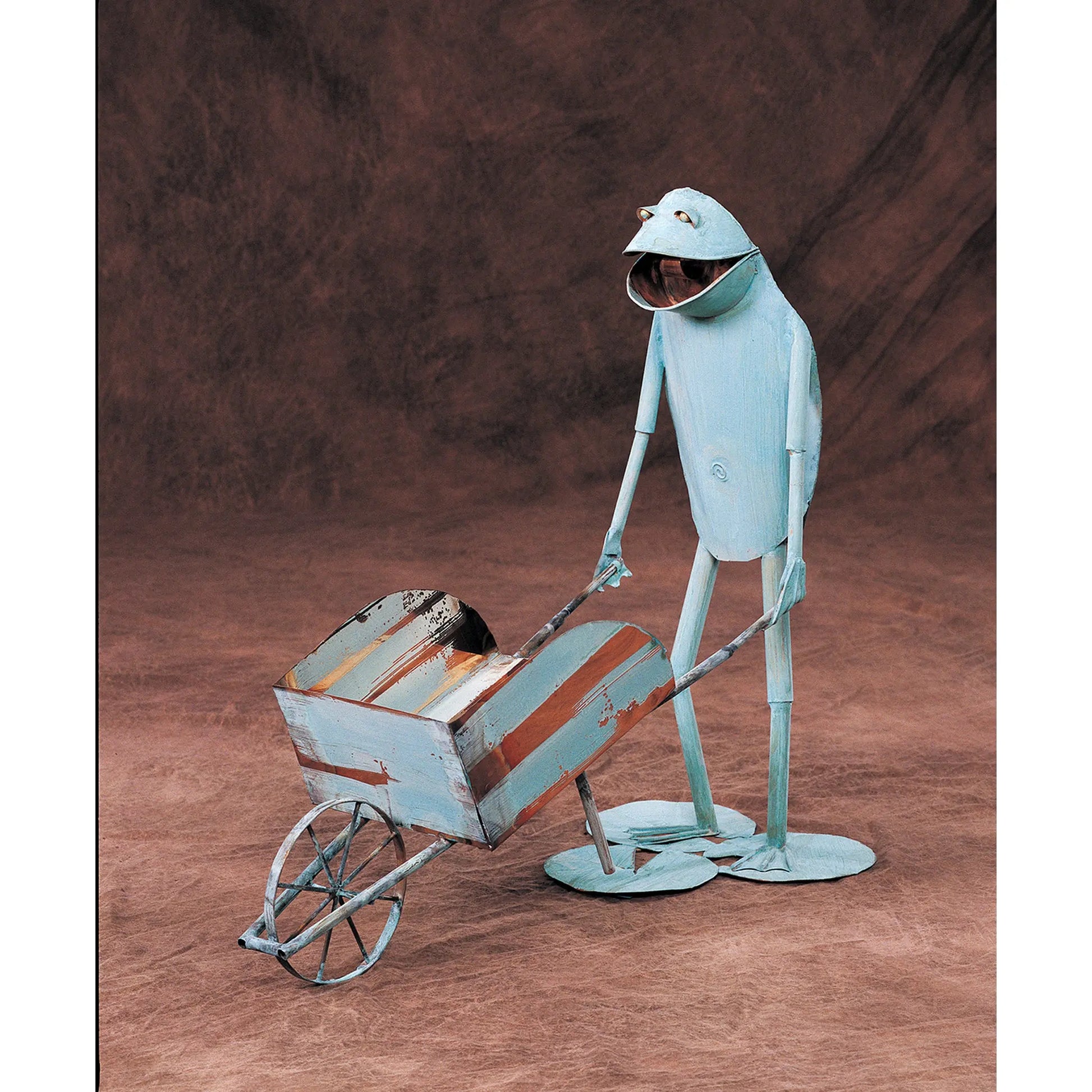 Andy Brinkley Copper Verdigris Frog with a Wheelbarrow Outdoor Sculpture 414 30"H Artistic Artisan Crafted Copper Outdoor Sculptures