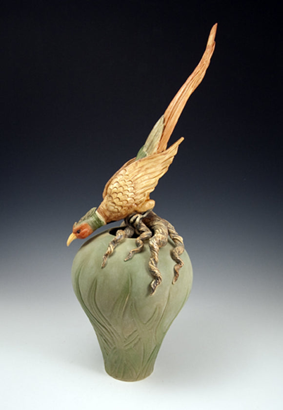 Crouching Pheasant on Vase Form by Bonnie Belt Ceramics Hand-Thrown Hand-Built Stoneware Artistic Artisan Designer Pottery Vases