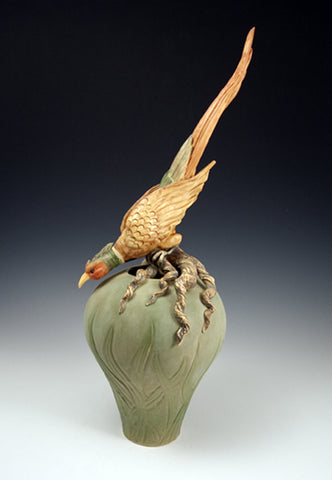 Crouching Pheasant on Vase Form by Bonnie Belt Ceramics Hand-Thrown Hand-Built Stoneware Artistic Artisan Designer Pottery Vases