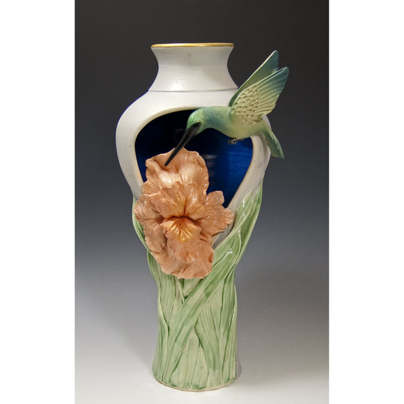 Cutout Hummingbird with Iris Vase by Bonnie Belt Ceramics Hand-Thrown Hand-Built Stoneware Artistic Artisan Designer Pottery Vases