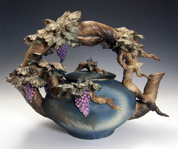 Grapevine Teapot in Blue by Bonnie Belt Ceramics Hand-Thrown Hand-Built Stoneware Artistic Artisan Designer Pottery Teapots