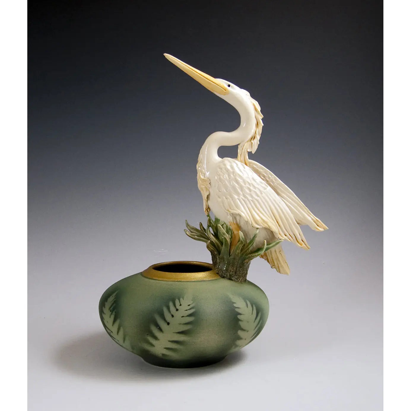 Heron Bowl with Ferns by Bonnie Belt Ceramics Hand-Thrown Hand-Built Stoneware Artistic Artisan Designer Pottery Vases
