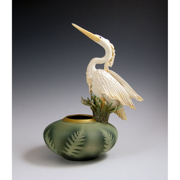 Heron Bowl with Ferns by Bonnie Belt Ceramics Hand-Thrown Hand-Built Stoneware Artistic Artisan Designer Pottery Vases