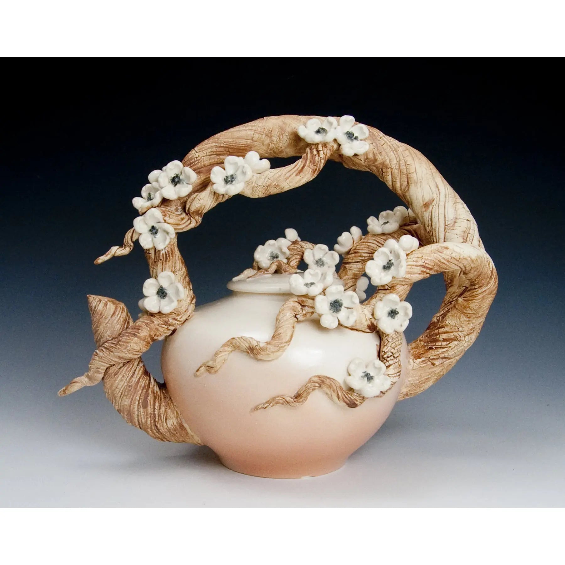 Plum Blossom Branch Teapot by Bonnie Belt Ceramics Hand-Thrown Hand-Built Stoneware Artistic Artisan Designer Pottery Teapot