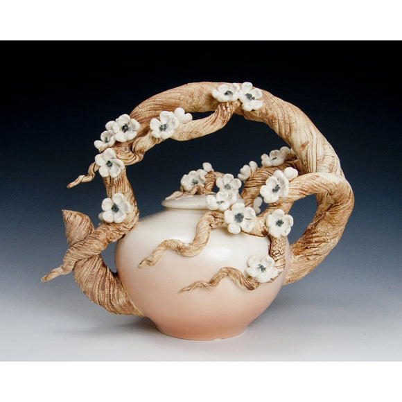 Plum Blossom Branch Teapot by Bonnie Belt Ceramics Hand-Thrown Hand-Built Stoneware Artistic Artisan Designer Pottery Teapot