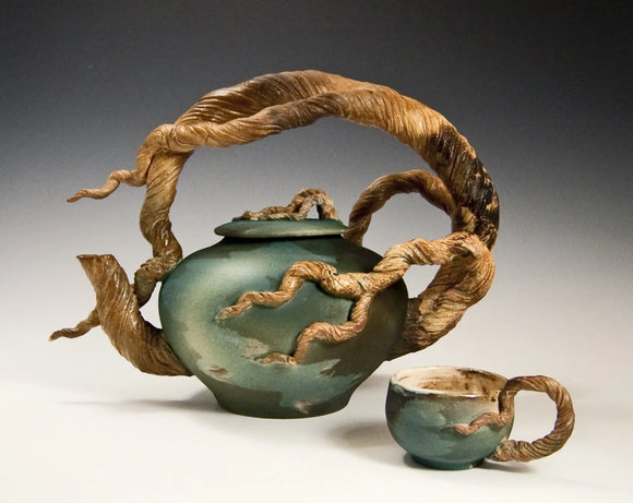 Arching Branch Teapot with Cup by Bonnie Belt Ceramics Hand-Thrown Hand-Built Stoneware Artistic Artisan Designer Pottery Teapots
