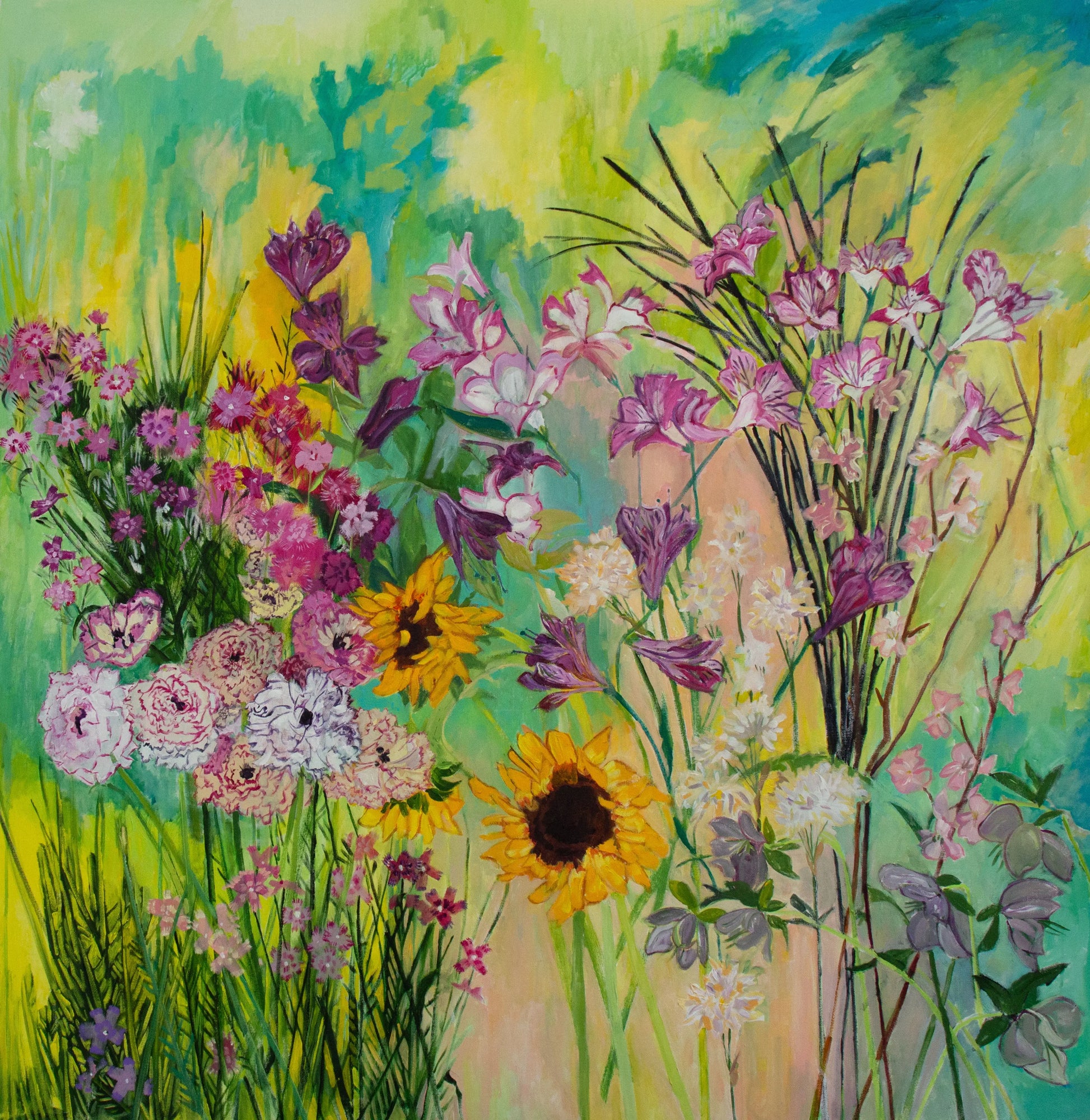 Rununculae Sunflowers Asters Alstromeria Hellebore Echoes by Lila Bacon Painting and Archival Gicle Prints