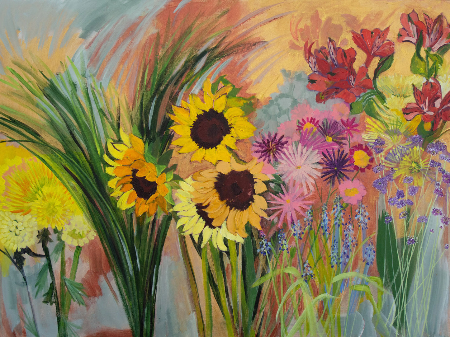 Copper and Gold flower Echoes Painting and Archival Giclee Prints