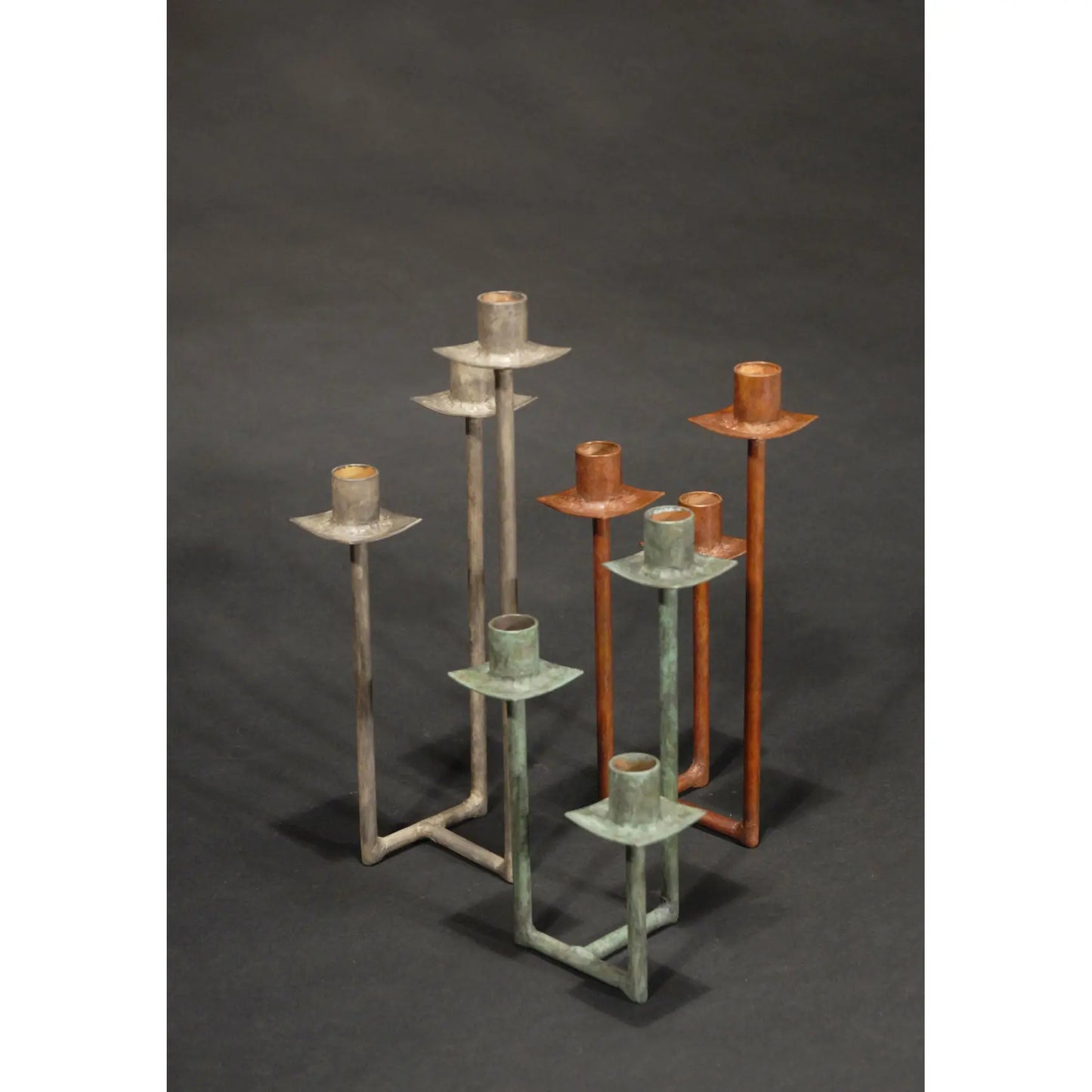 David Bowman Triple Rod Candelabra shown in Silver, Blue Green, Brownm