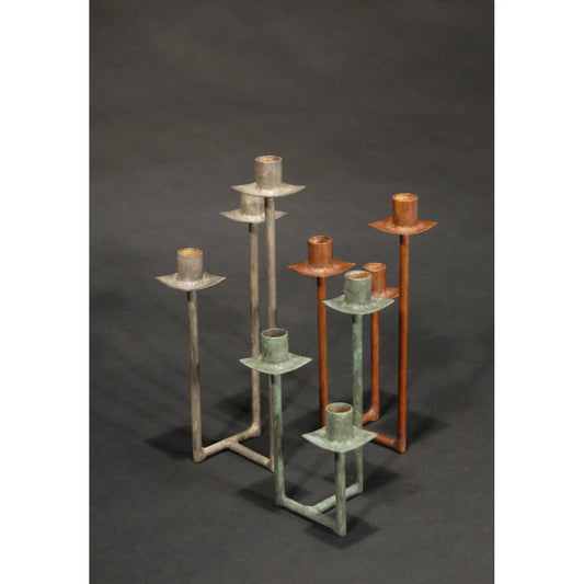 David Bowman Triple Rod Candelabra shown in Silver, Blue Green, Brownm