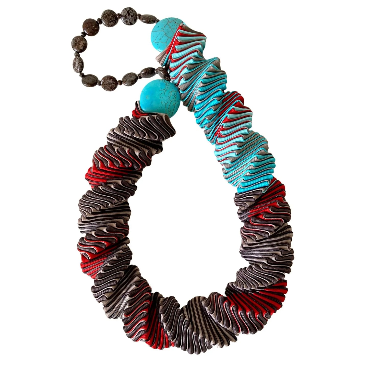 Ellen Sue Gordon brown, red and turquoise Albuquerque Museum Store II Grosgrain Necklace with snowflake obsidian and magnetite accents