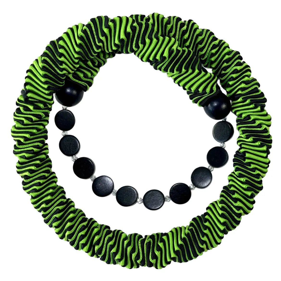 Ellen Sue Gordon green and black Apple Licorice Reverse Twist Grosgrain Ribbon Necklace with wood and crystal accents