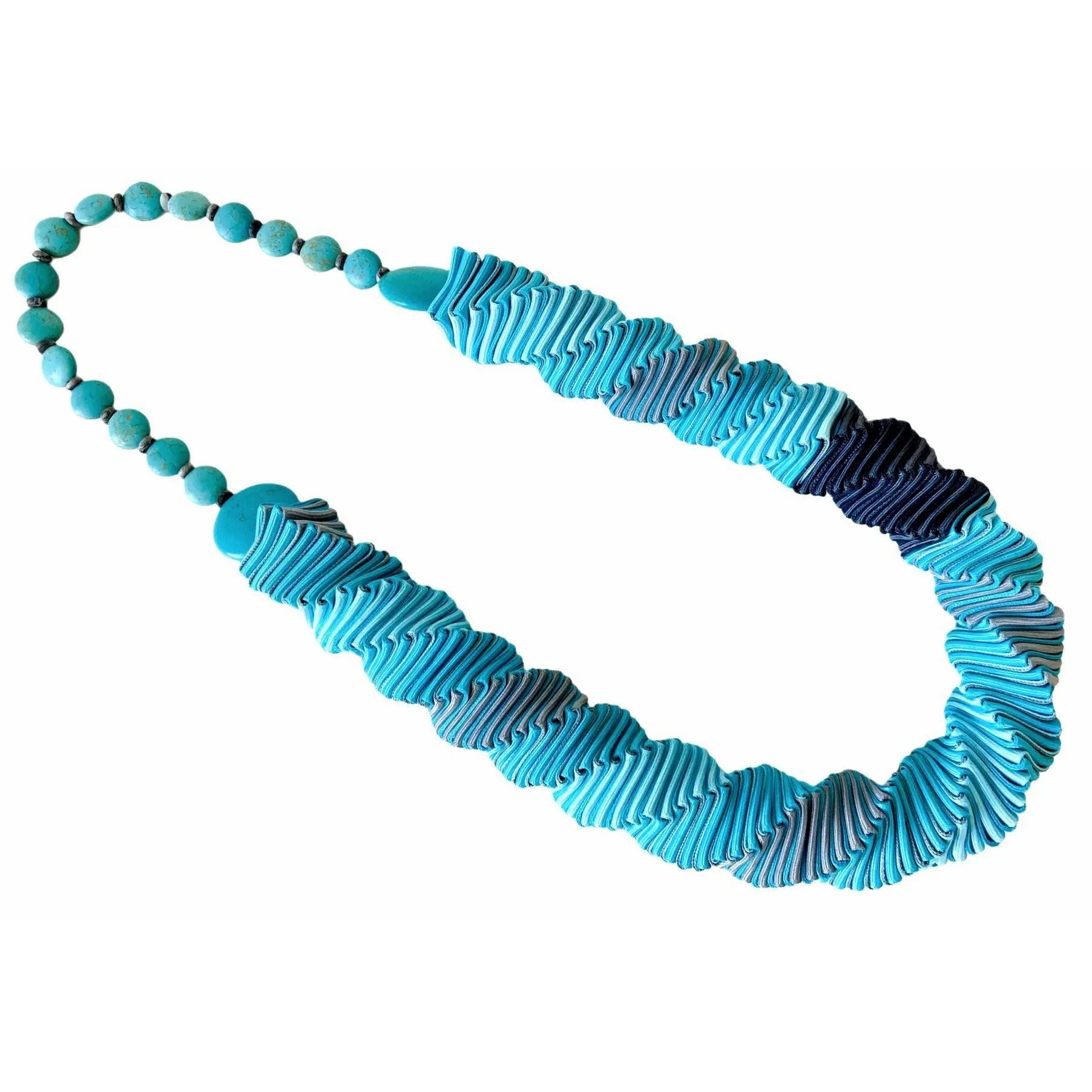 Ellen Sue Gordon blue, silvery gray, and charcoal Banded Glacier Necklace with magnetite, map jasper, and crystal accents