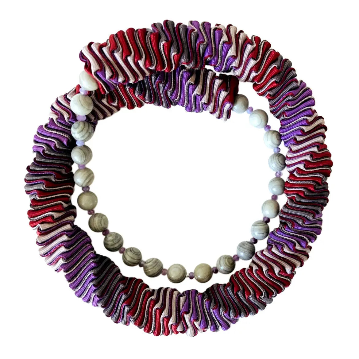 Ellen Sue Gordon purple grey, and red Berry Mink Grosgrain Ribbon Necklace with silverline jasper, and amethyst beads