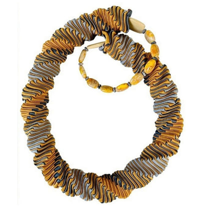 Ellen Sue Gordon ochre and grey Biddeford Lichen Grosgrain Ribbon Necklace with imperial and map jasper and white wood